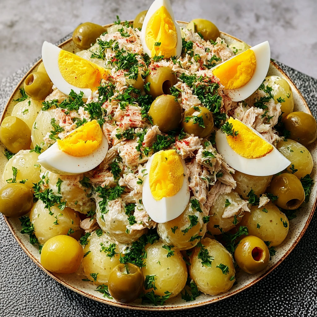 Généreuse salade du Sud thon œufs olives patates sauce maison.