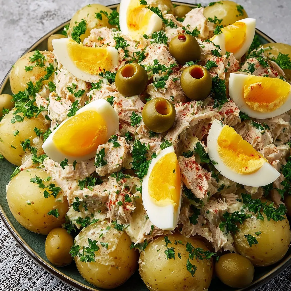 Salade Sud-Ouest : patates fondantes, thon olives sauce maison.