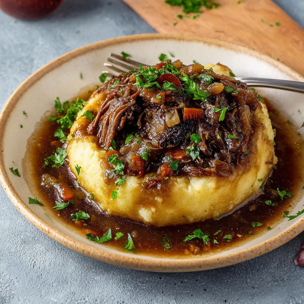 Un plat magique de bœuf mijoté avec purée, parfait pour un festin convivial.