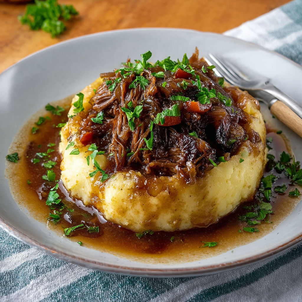 Bœuf très tendre au vin rouge, purée maison toute douce.