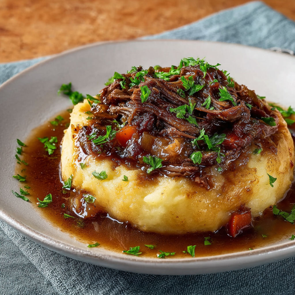 Bœuf mijoté qu’on effiloche facilement, purée maison toute crémeuse.