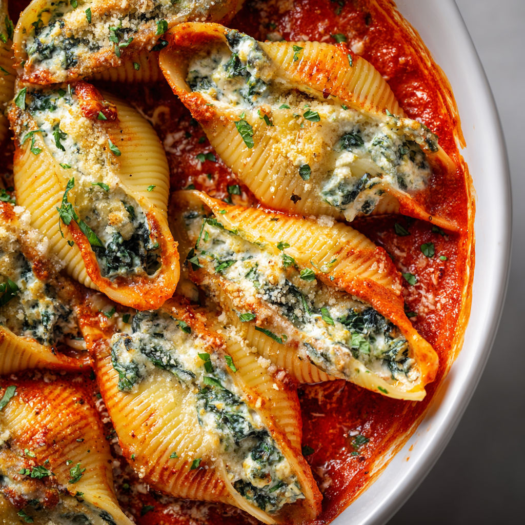Coquilles géantes farcies au fromage cottage et épinards, nappées d’une sauce aux poivrons rouges fondants.