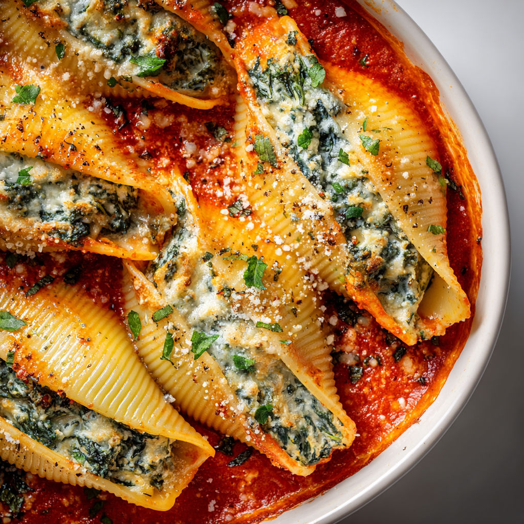 Gratin de coquilles géantes crémeuses aux épinards et cottage, recouvert d’une sauce veloutée aux poivrons rouges.