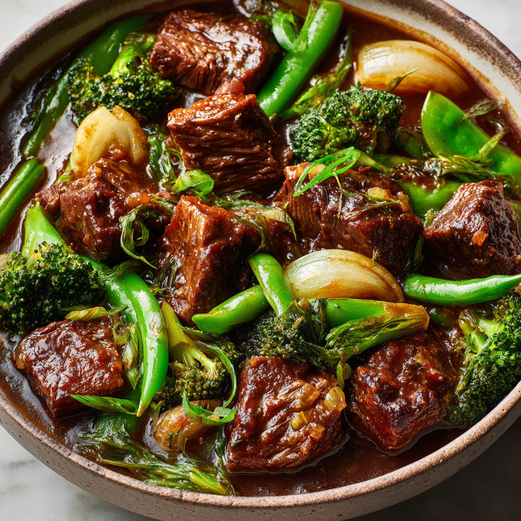 Assiette fumante de bœuf tendre aux légumes verts frais.