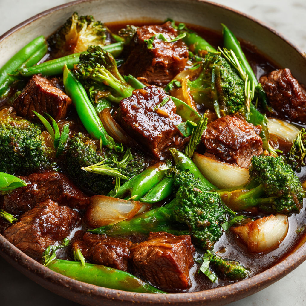 Un plat de Bœuf Ultra Fondant à la Bière et Légumes Verts.