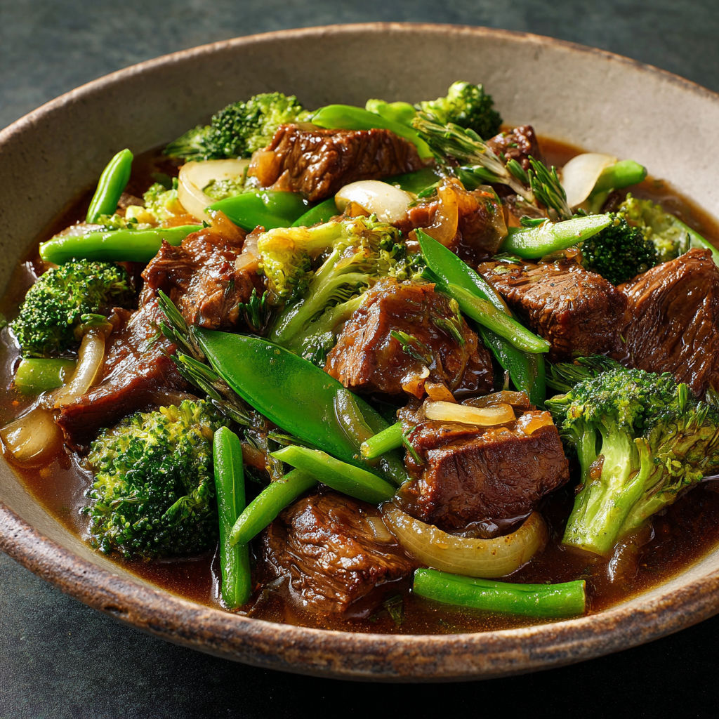 Un plat de Ragoût de Bœuf Extra Moelleux et Légumes Verts Frais.