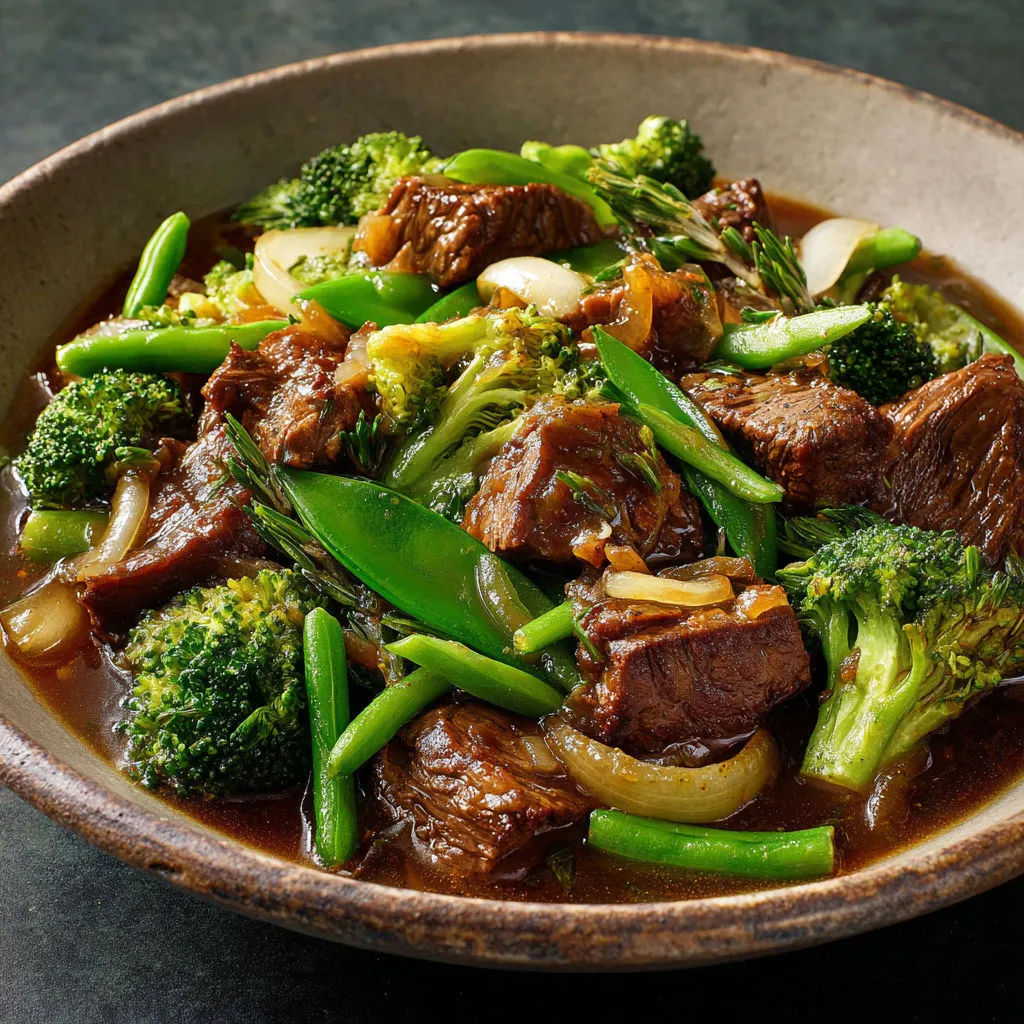 Un plat de Ragoût de Bœuf Extra Moelleux et Légumes Verts Frais.