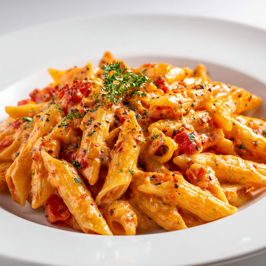 Plat de pâtes crémeuses à la tomate, parsemé d'herbes fraîches, servi sur une assiette.