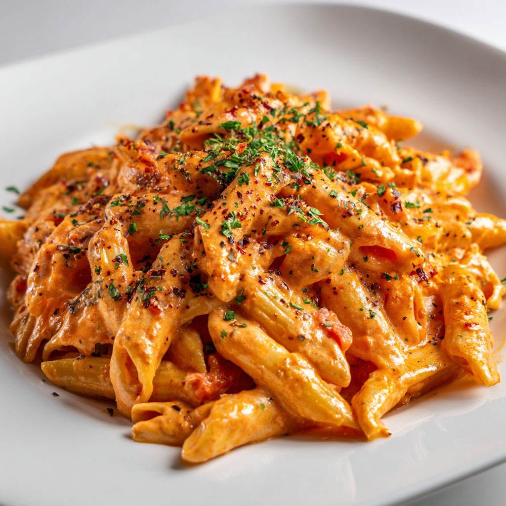 Un plat de pâtes à la tomate crémeuse servi sur une assiette blanche.