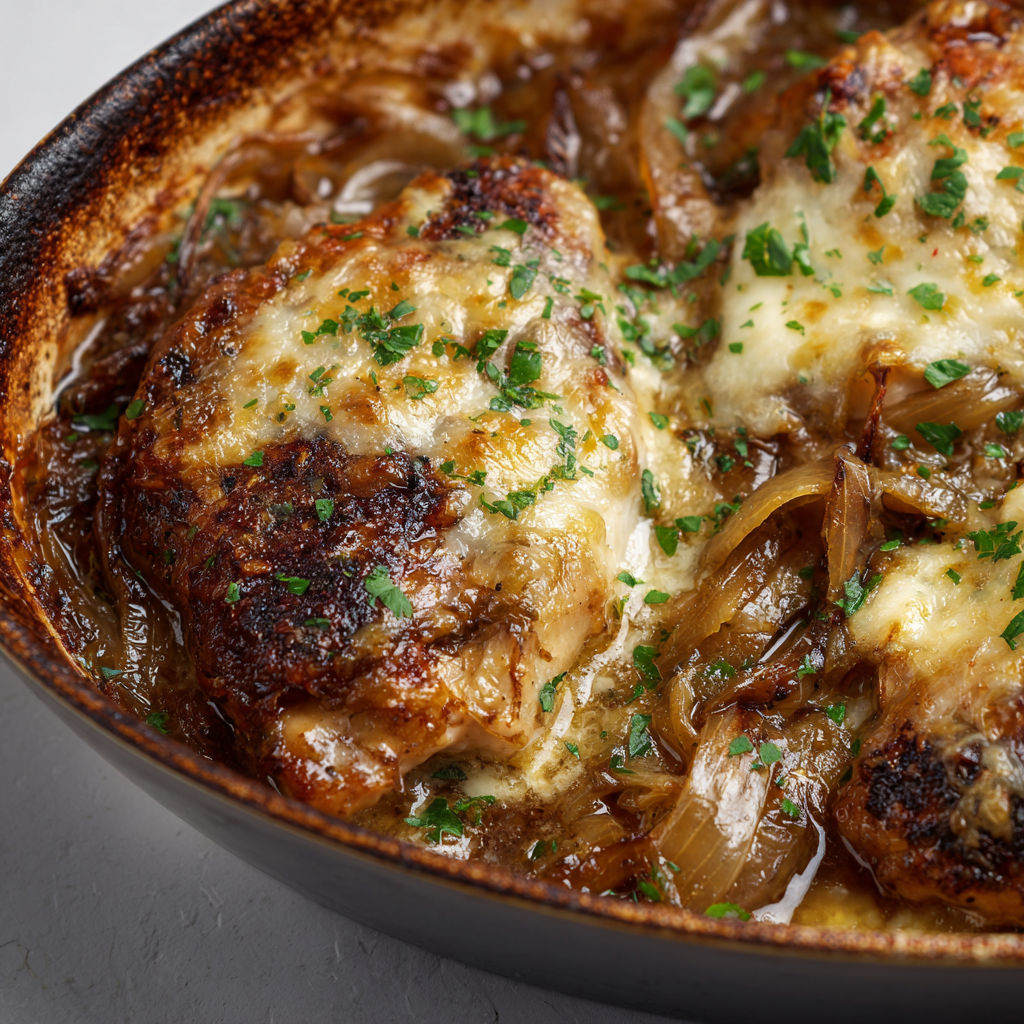 Poulet fondant accompagné d’oignons caramélisés et parsemé d’herbes fraîches dans un bol appétissant.