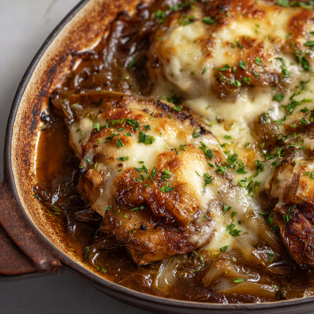 Poulet tendre, oignons caramélisés et fromage doré façon bistrot français.