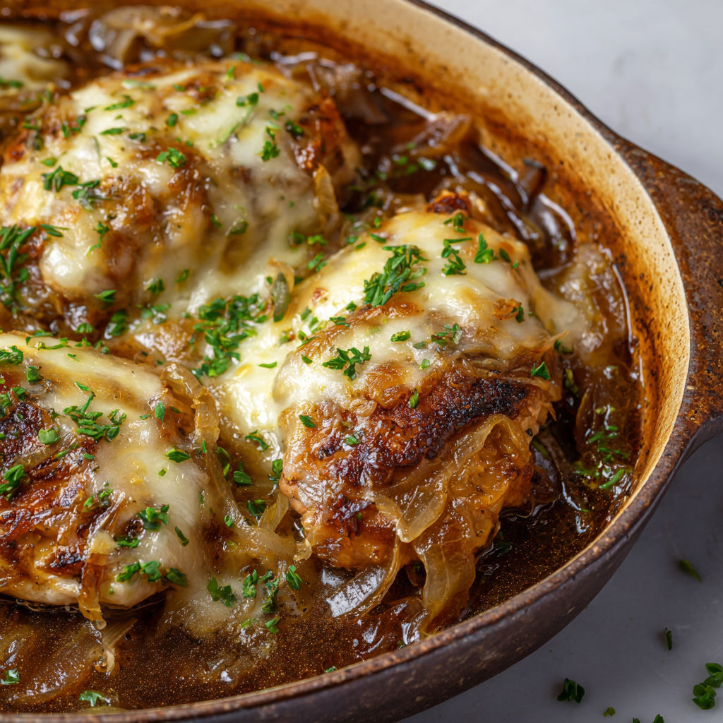 Cuisses de poulet ultra savoureuses, oignons doux et fromage râpé bien gratiné.