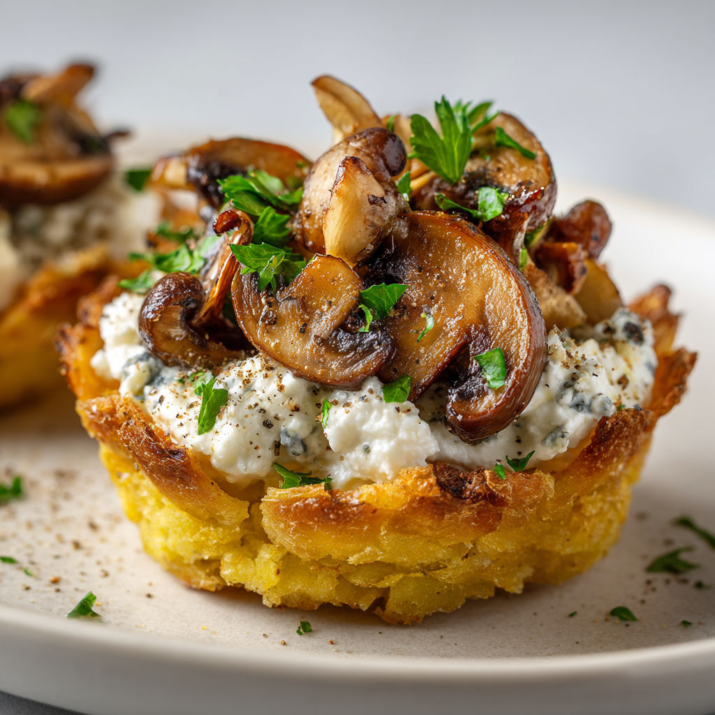 Une bouchée gourmande aux champignons et pommes de terre sur un plateau.