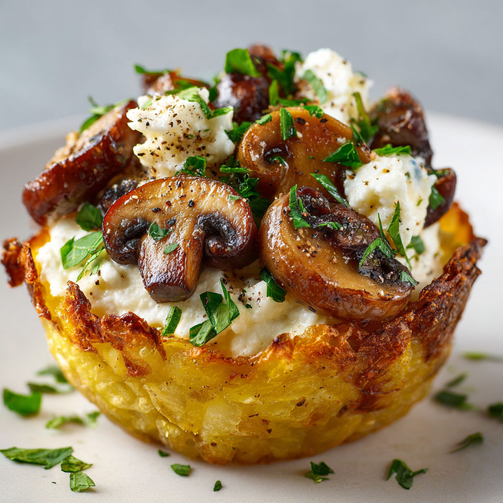 Tartelettes croustillantes de pommes de terre dorées, garnies de champignons poêlés et stracciatella fondante.