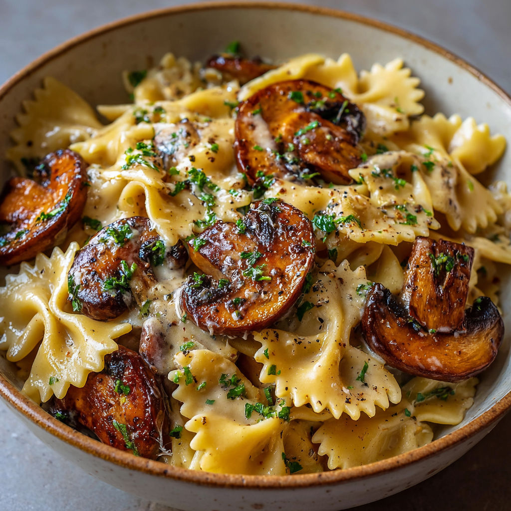 Pâtes crémeuses aux champignons poêlés servies dans une assiette.