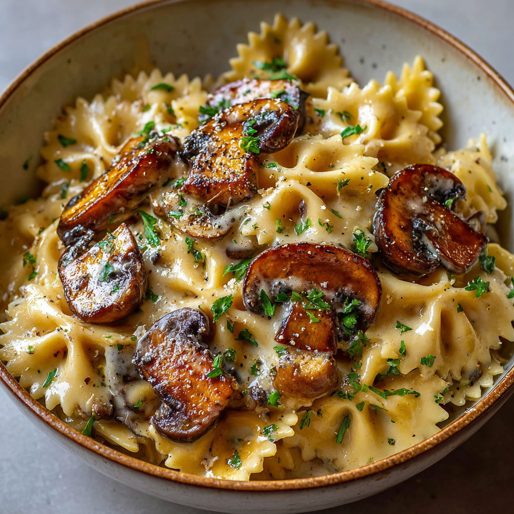 Farfalles crémeuses et champignons sautés posées sur une jolie assiette maison, dîner idéal en famille.