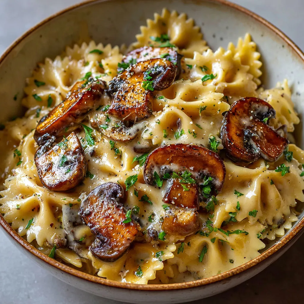 Farfalles crémeuses et champignons sautés posées sur une jolie assiette maison, dîner idéal en famille.