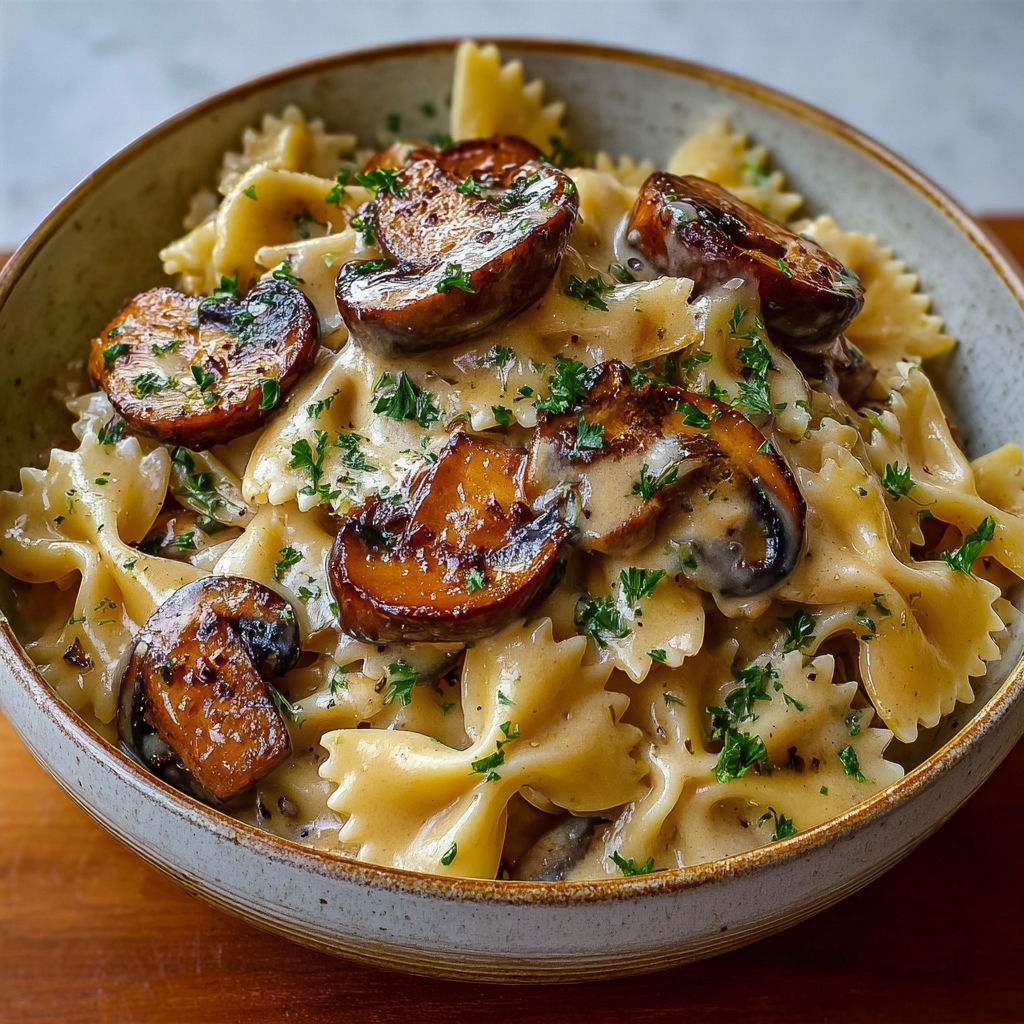 Farfalles ultra gourmandes aux champignons, plat simple qui plaît à tous.
