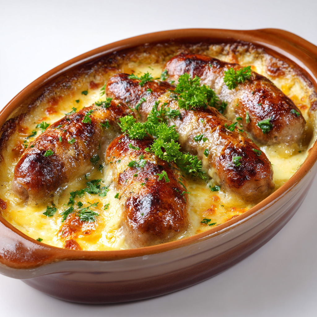 Détail d’une andouillette dorée au four avec crème et fromage fondus, garnie de persil frais.