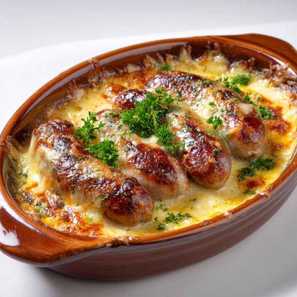 Andouillette gratinée au fromage et crème sur une assiette, posée sur un plateau.