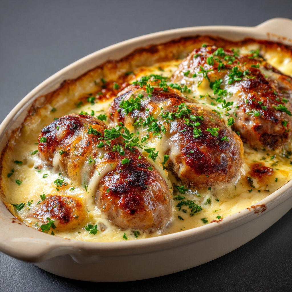 Gratin d'andouillette au fromage et à la crème dans un bol.