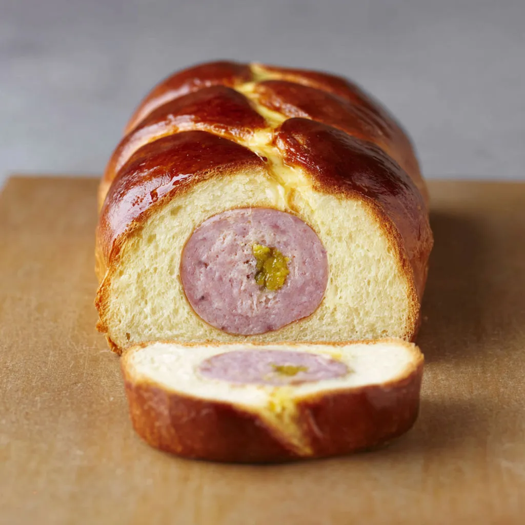 Délicieuse brioche lyonnaise au cervelas, dorée et ultra tendre.