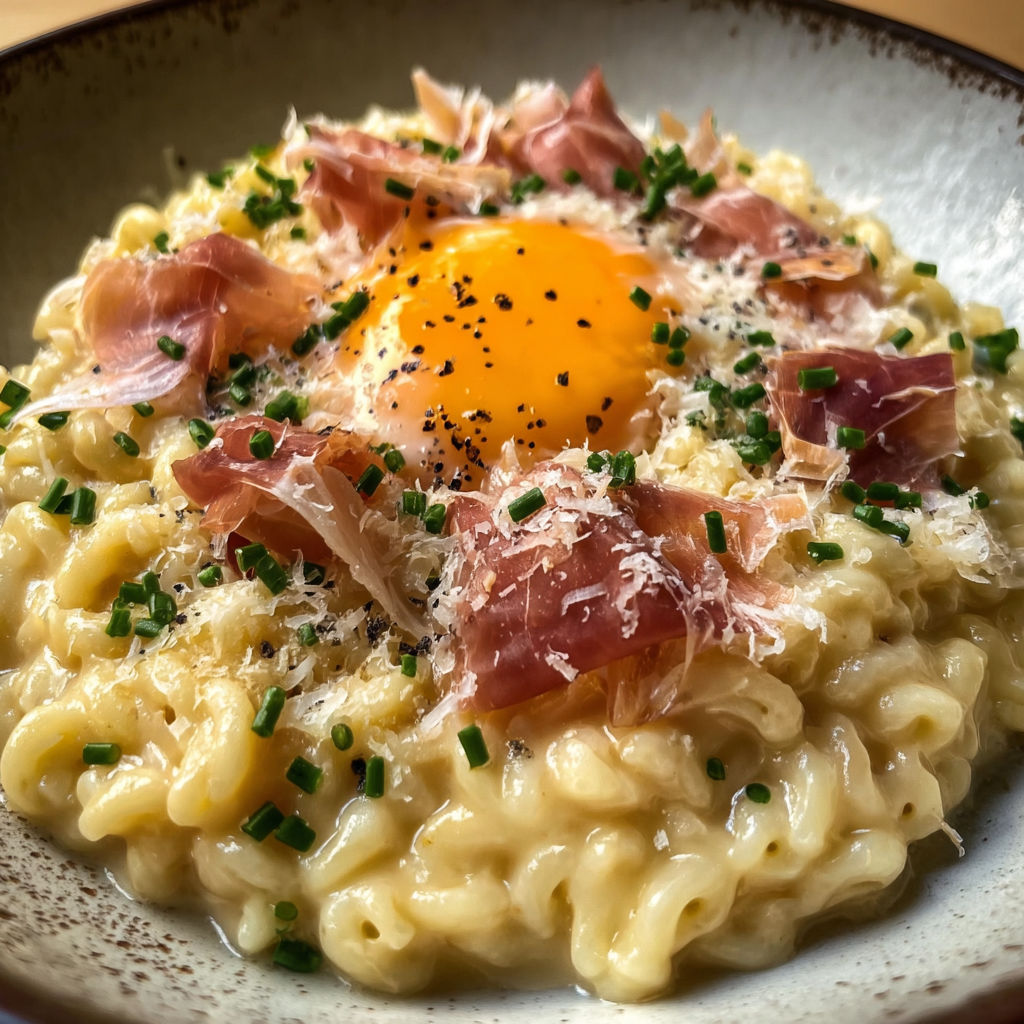 Coquillettes gourmande avec truffe, œuf confit, jambon grillé et parmesan, garnies d’herbes fraîches.