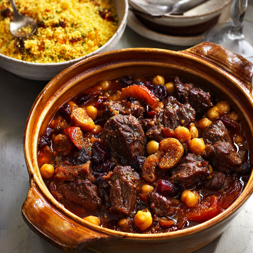 Un plat mijoté au bœuf et fruits secs tendre et savoureux posé sur la table.
