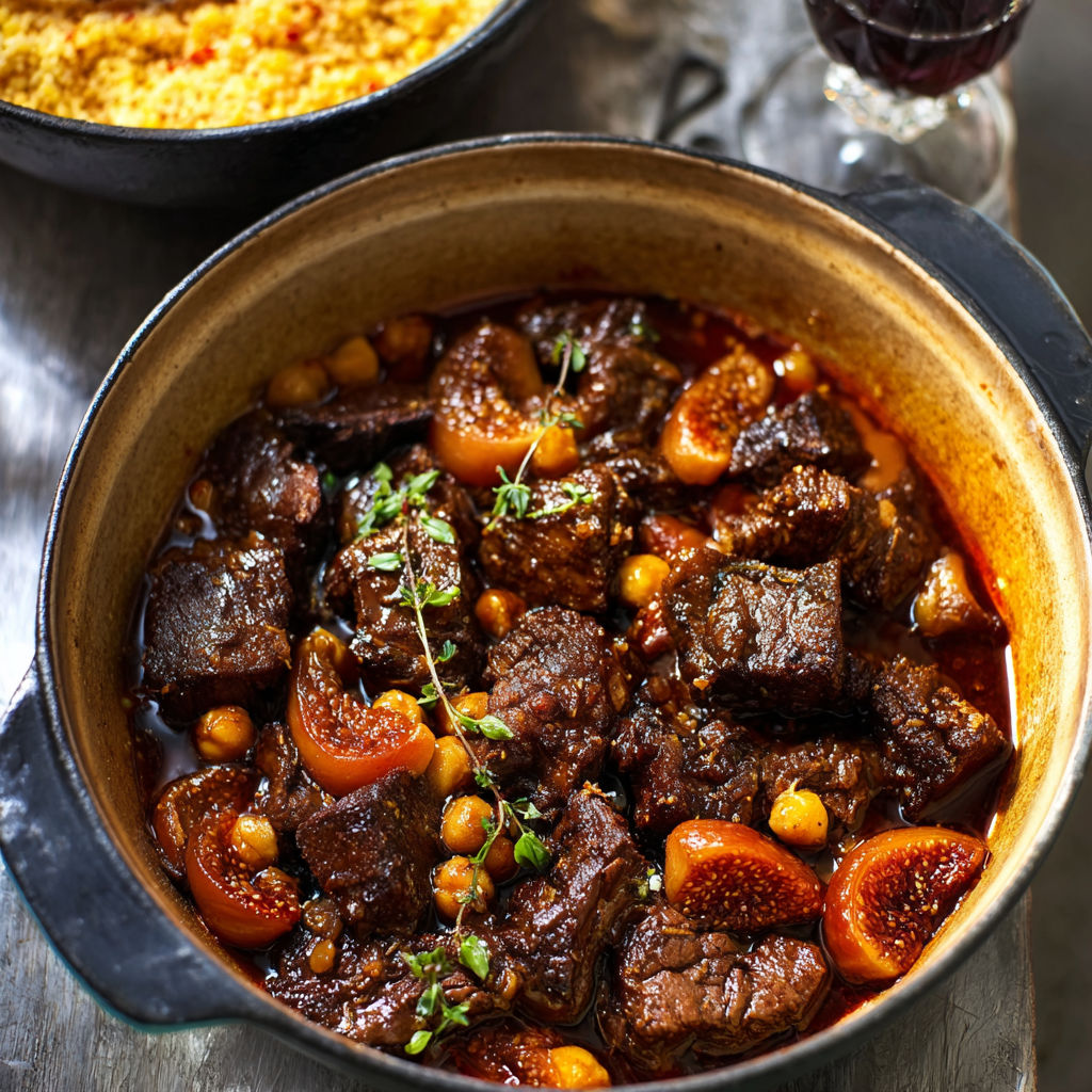 Un mijoté de bœuf aux fruits secs tendre et parfumé prêt à être partagé.