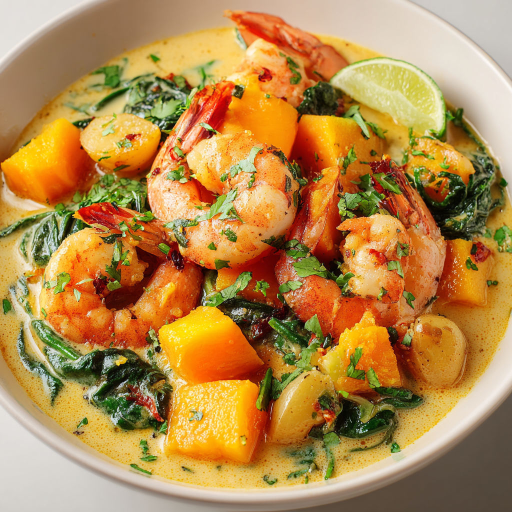 Plat chaleureux de potiron crémeux, crevettes tendres et crème de coco présenté dans une jolie assiette.