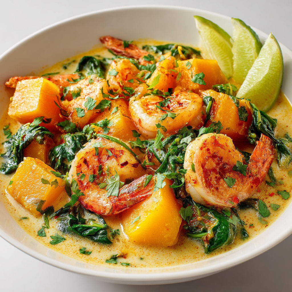 Blanquette de crevettes, potiron et crème de coco.