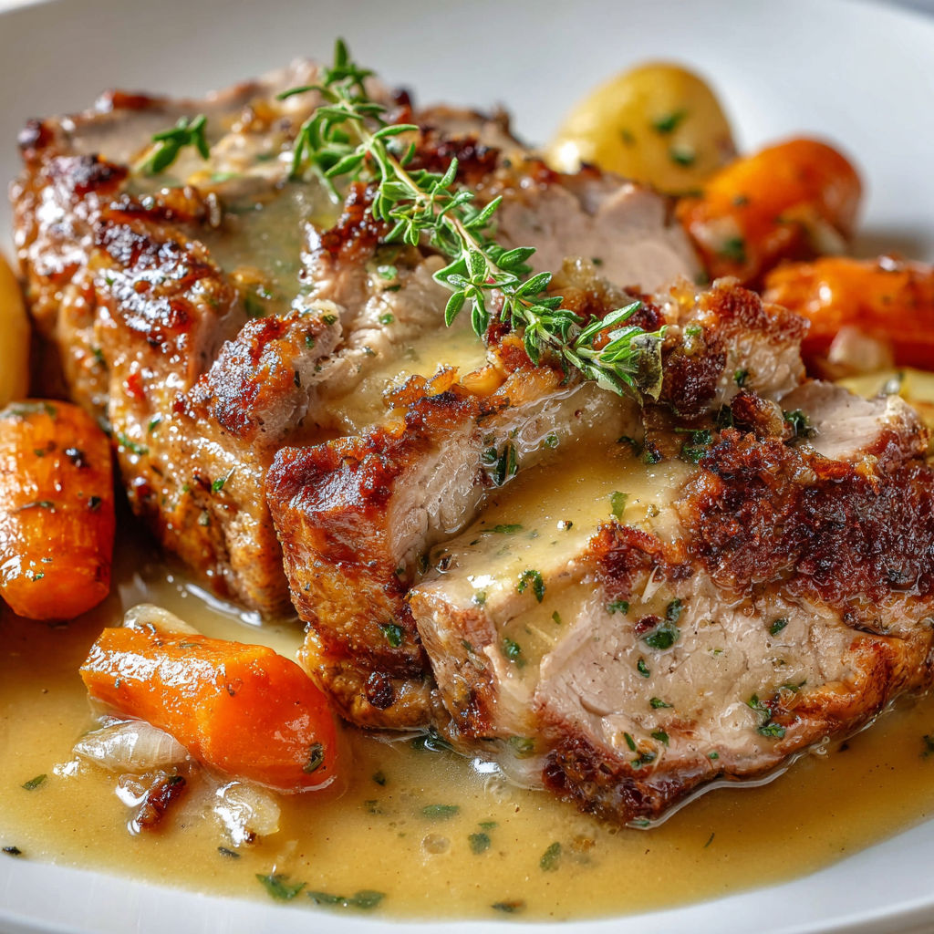 Un rôti de veau confit à la chair moelleuse posé avec carottes et légumes, nappé d’un jus clair.