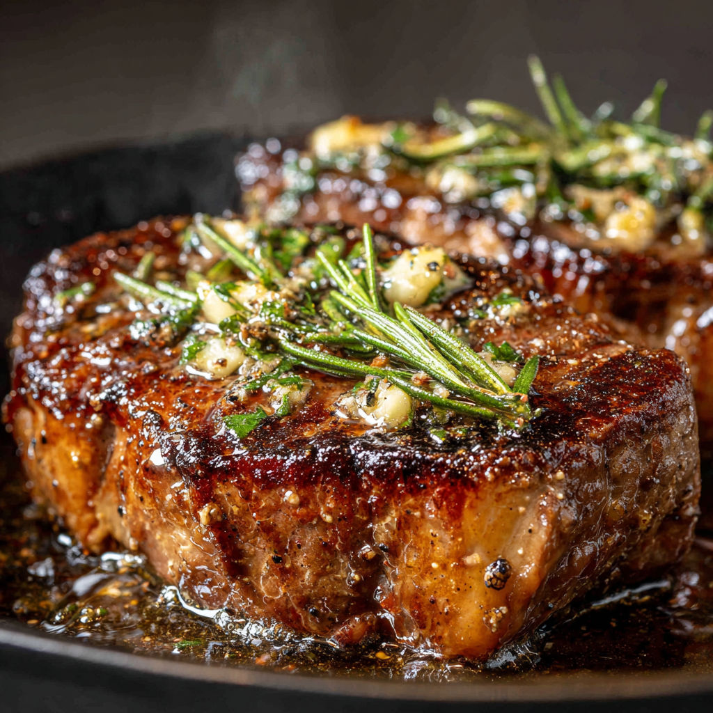 Deux pièces de ribeye vues de dessus, agrémentées d’ail et nappées de beurre fondant.