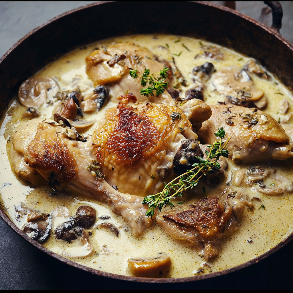 Un plat savoureux de poulet de Bresse cuisiné avec du vin jaune et des champignons.
