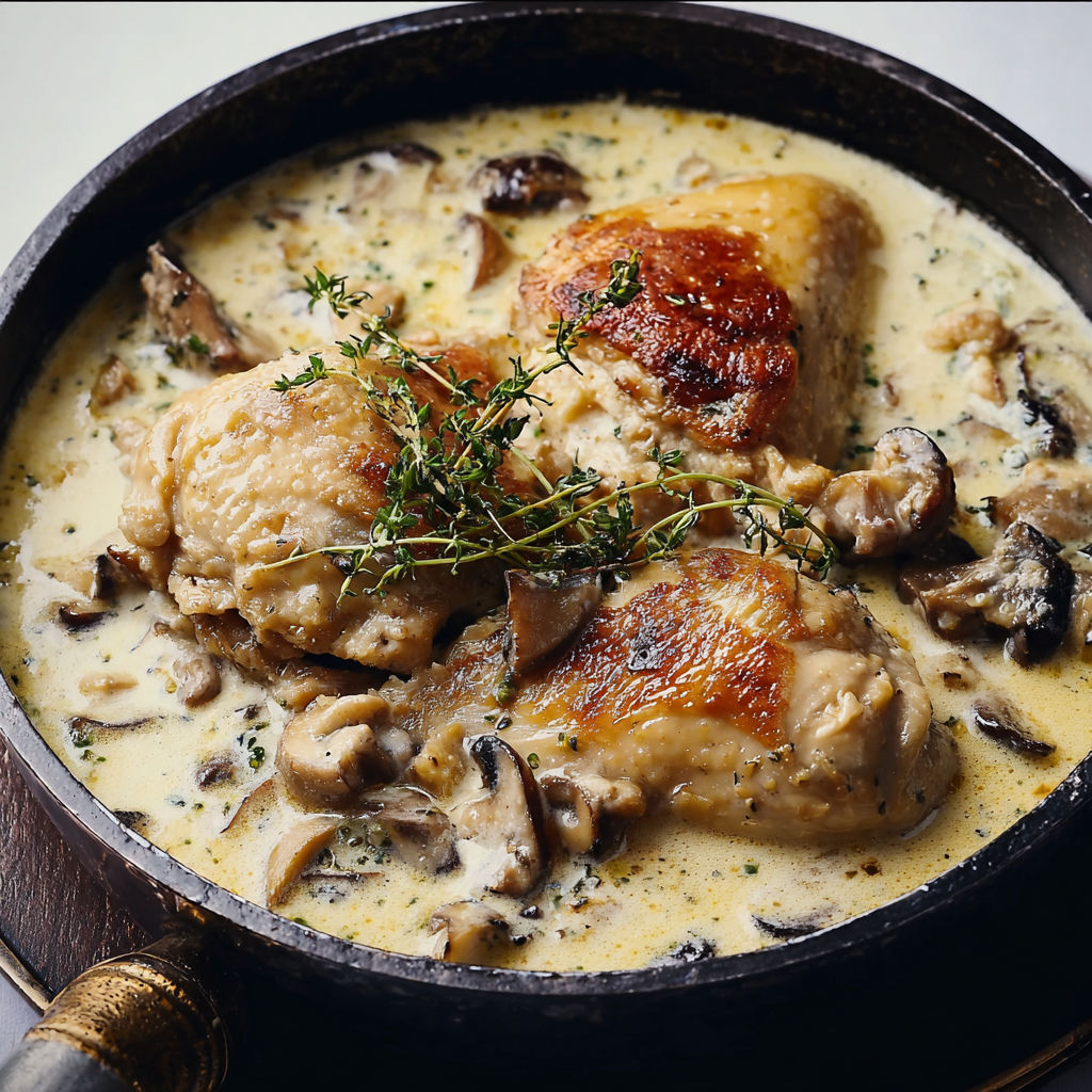 Un plat de poulet avec champignons et herbes fraîches.