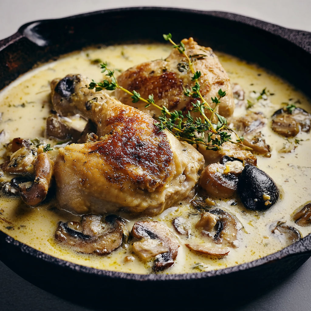 Un plat de poulet en sauce avec des champignons et des herbes fraîches.