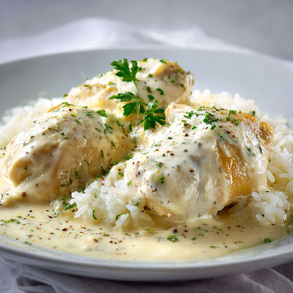 Une assiette de poule avec un riz crémeux et une sauce savoureuse est présentée sur une table.