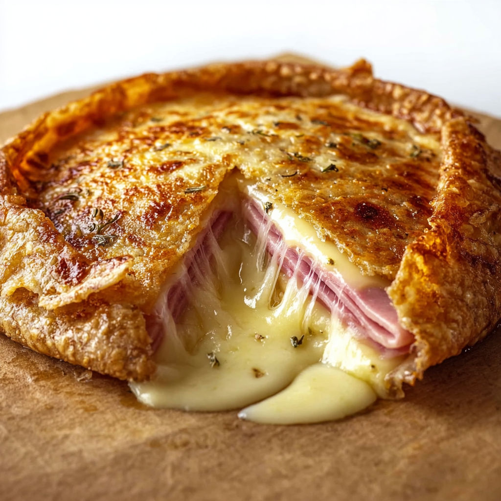 Une galette croustillante avec jambon et fromage posée sur du papier.