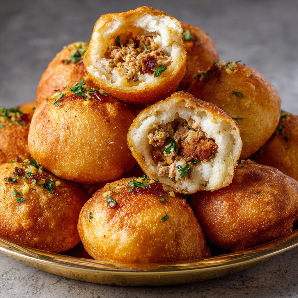 Un plateau métallique avec une pile de beignets salés moelleux.