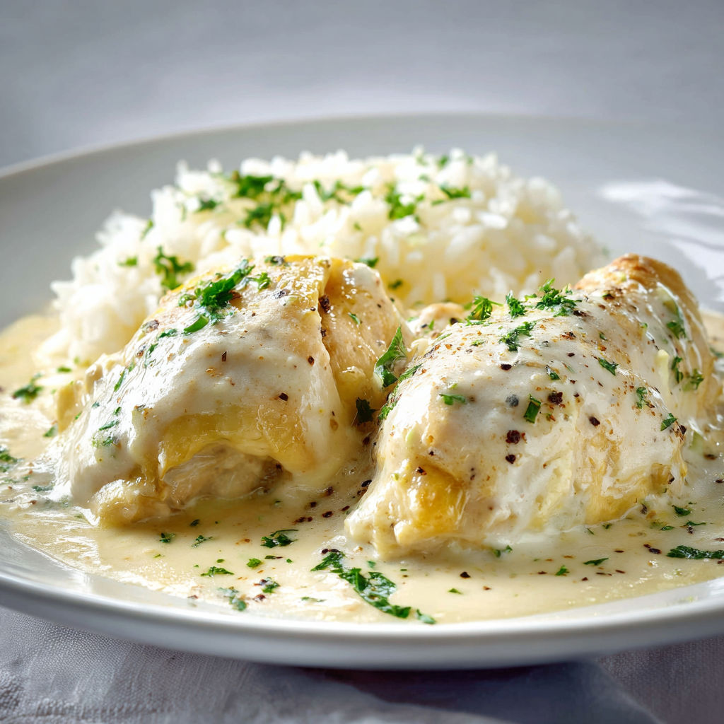 Poule au Riz à l’Ancienne, Sauce douce et Riz crémeux.