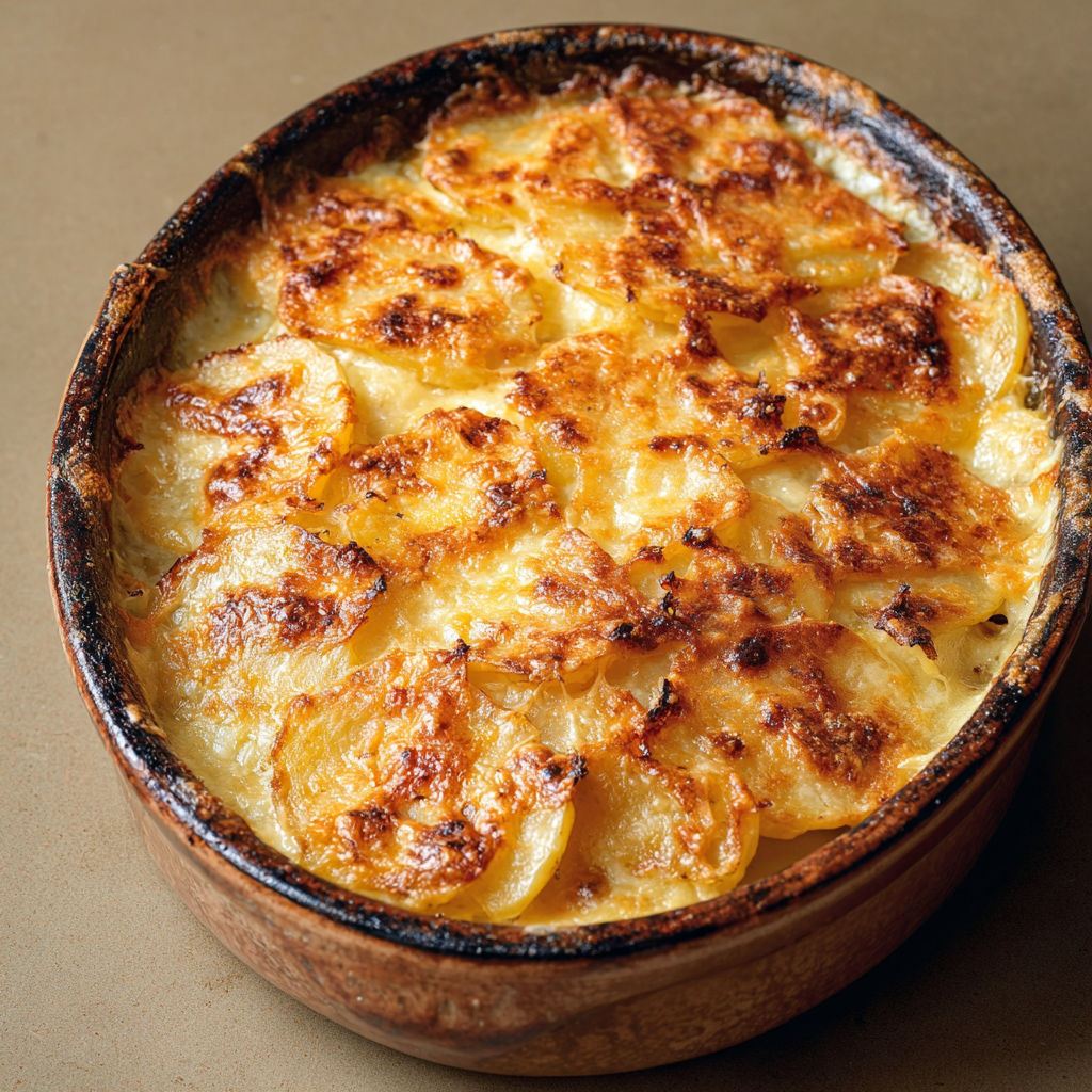 Un délicieux gratin Savoyard avec fromage fondant, servi dans un plat rustique en bois.