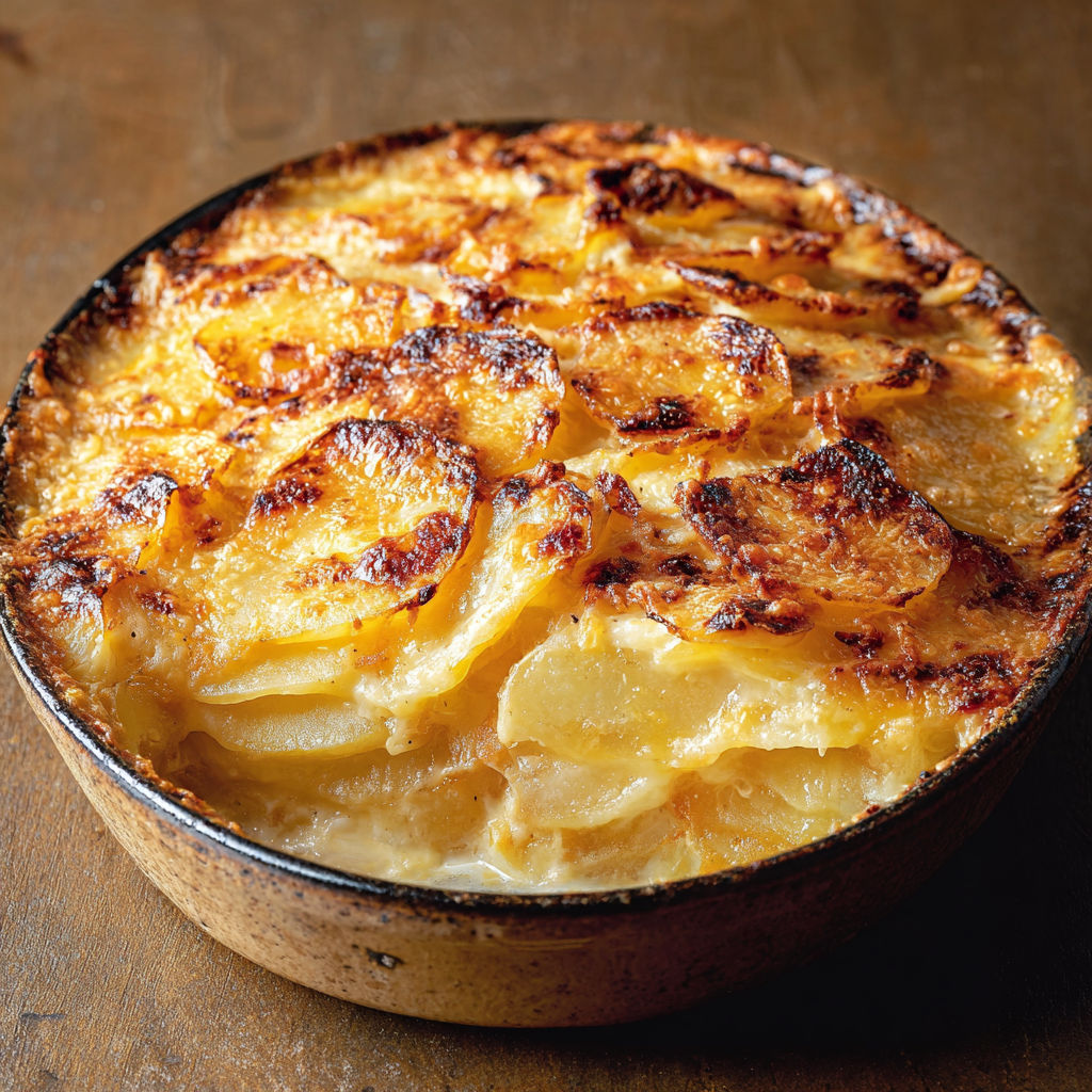 Gratin savoyard crémeux et croûte bien dorée à la tomme.