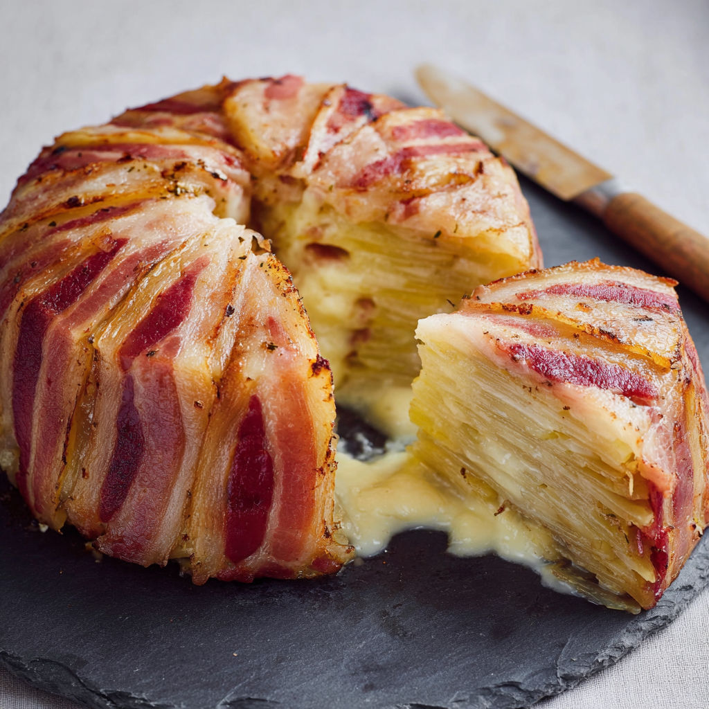 Une part de gratin aux pommes de terre, lard et reblochon en plein service.