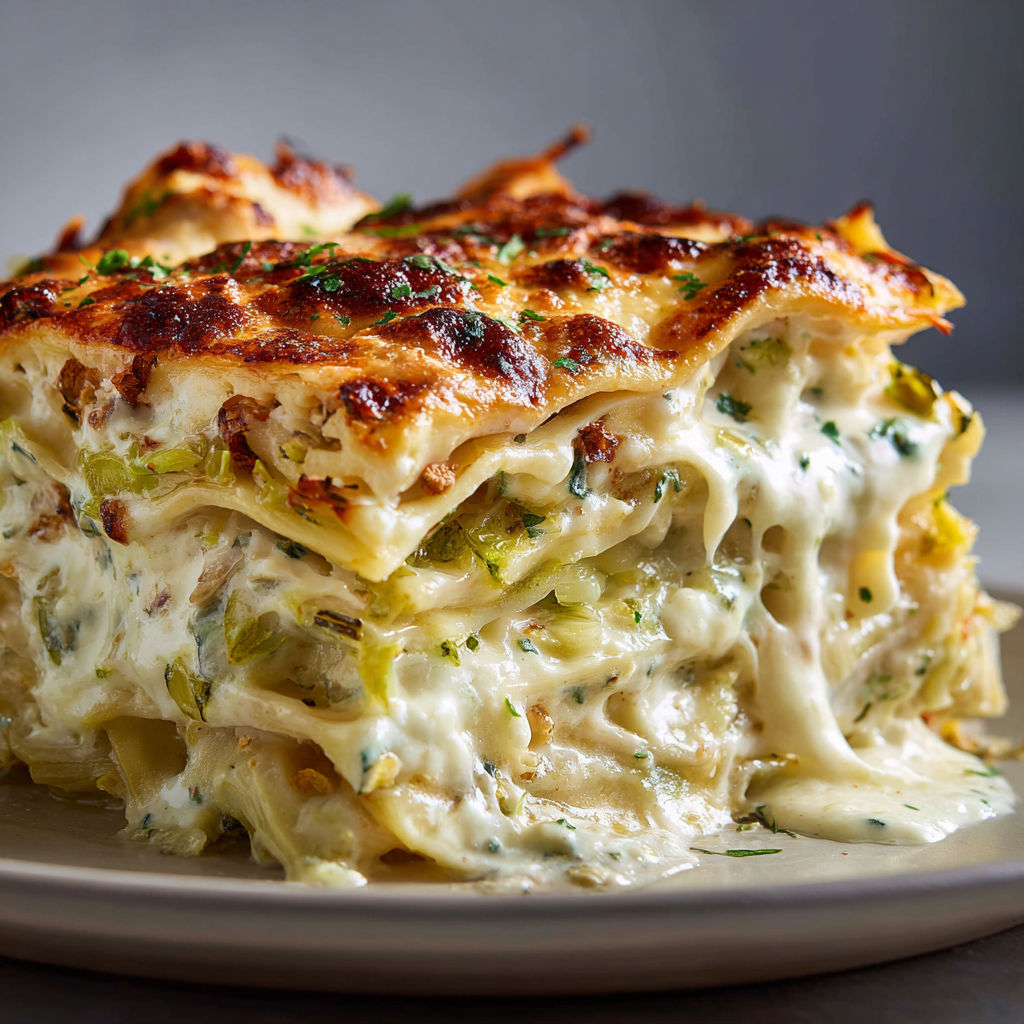 Un plat gourmand de lasagnes de poireaux nappées au Boursin.