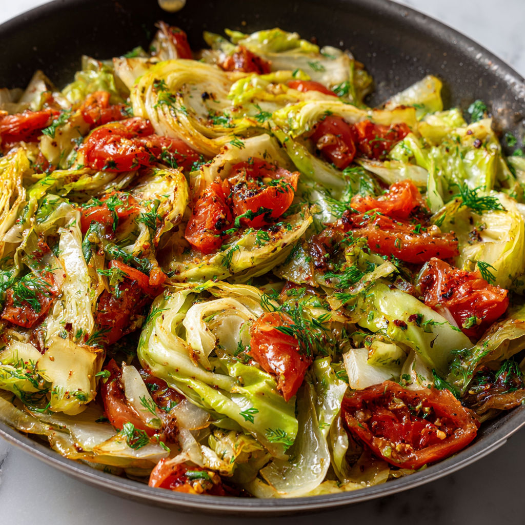 Chou sauté avec tomates et herbes fraîches, servi dans une poêle.