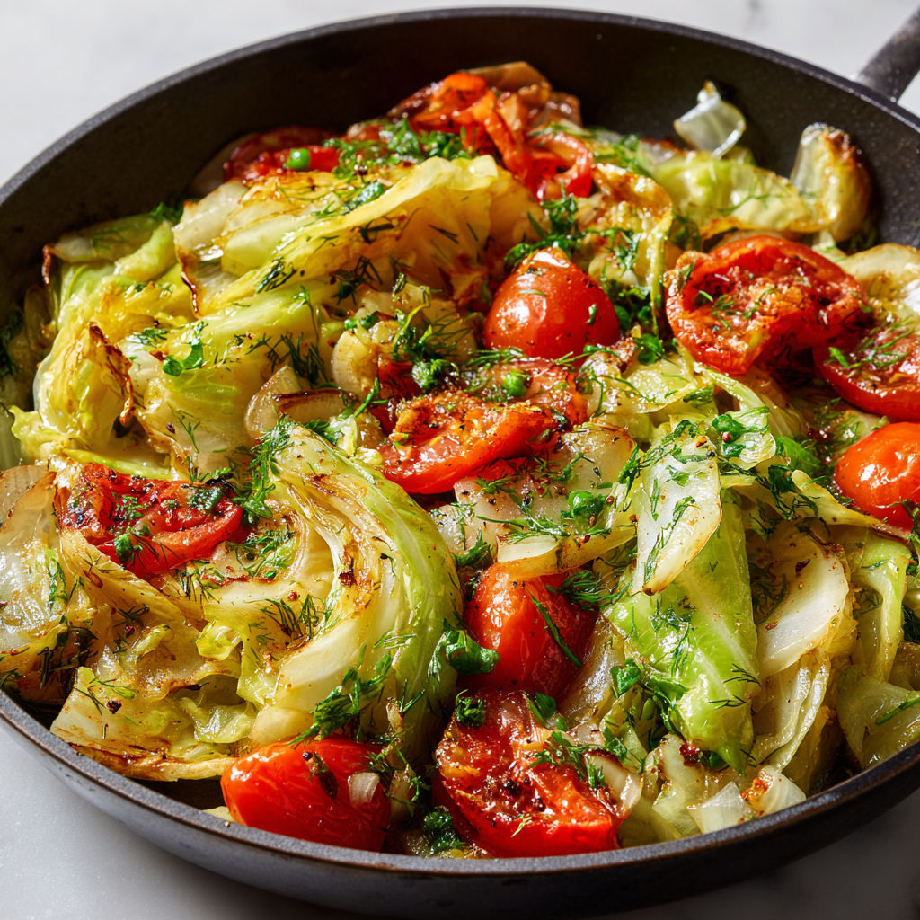 Chou vert sauté, tomates et fines herbes fraîches.