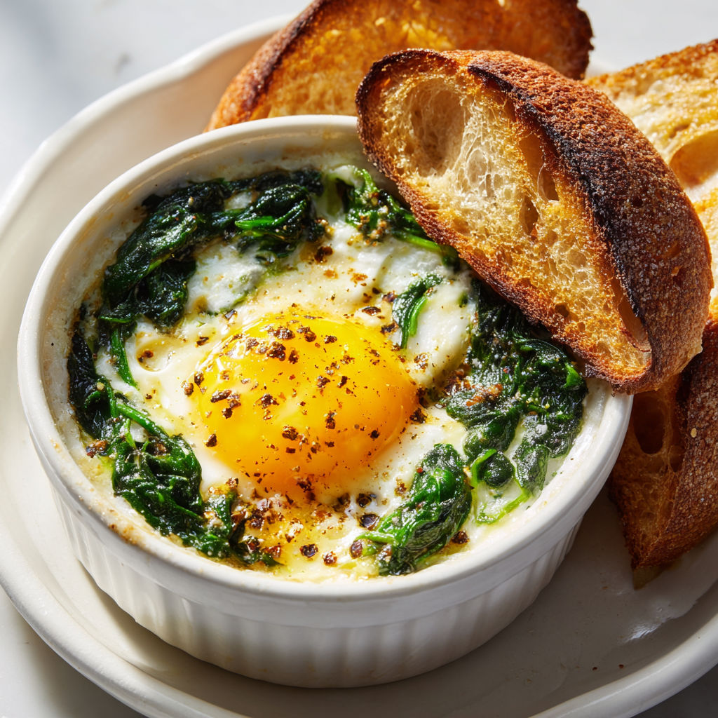 Une assiette de œufs cocotte au chèvre, pain grillé à côté, prêt en moins de 15 minutes.