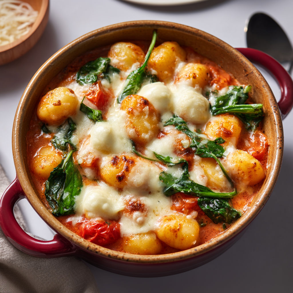 Une cocotte remplie de gnocchis tendres, nappés de sauce tomate onctueuse avec des épinards et du fromage fondu.