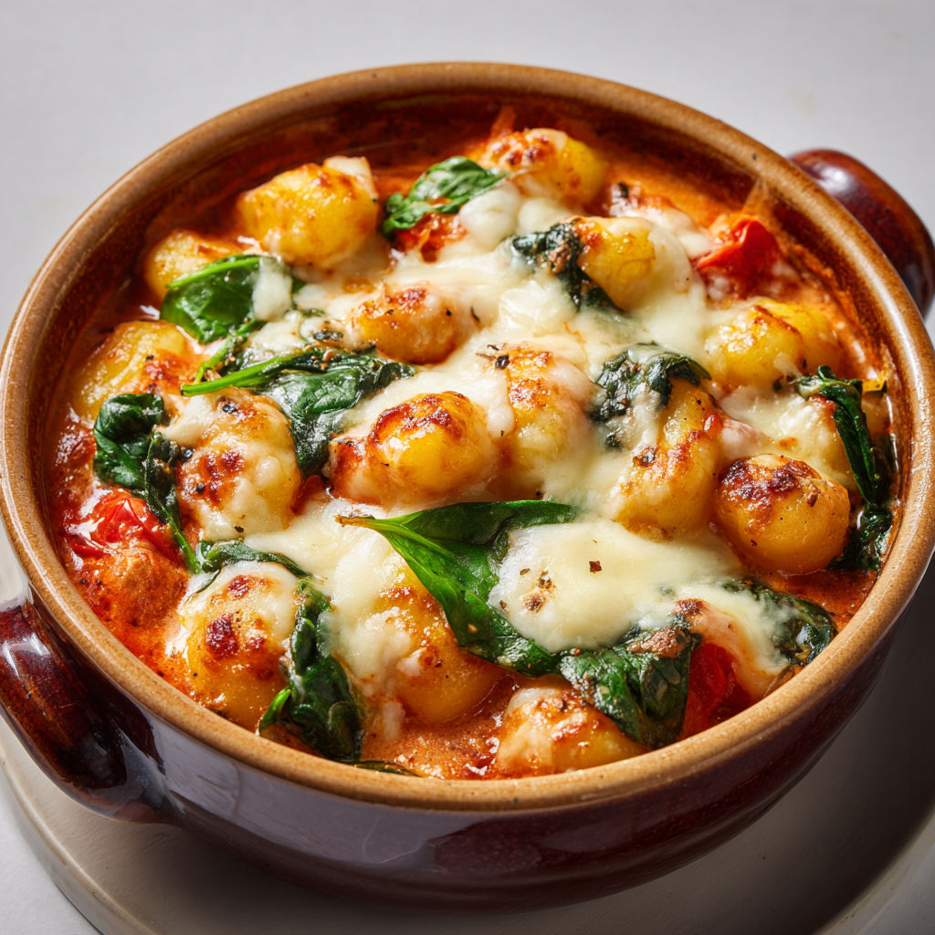 Cocotte de gnocchis nappés de sauce tomate, mozza fondue et épinards sur une planche.