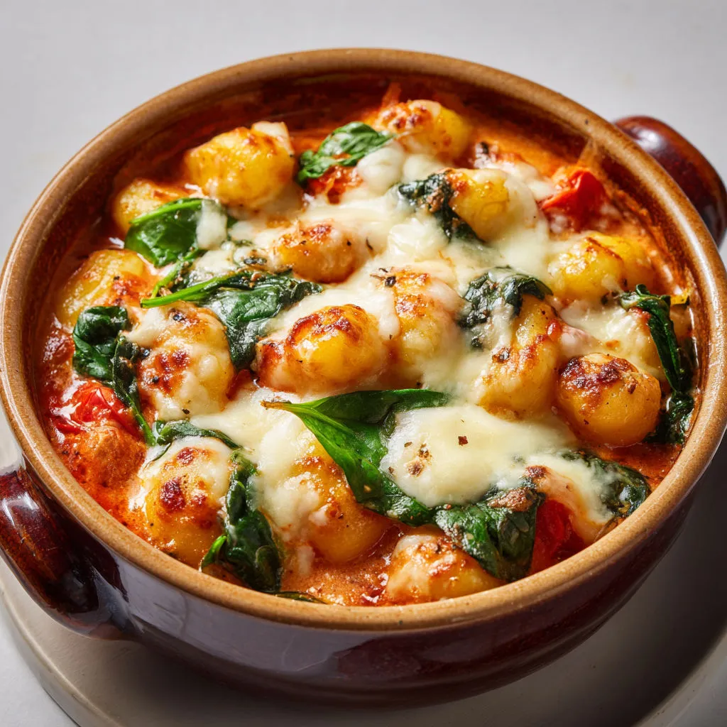 Cocotte de gnocchis nappés de sauce tomate, mozza fondue et épinards sur une planche.
